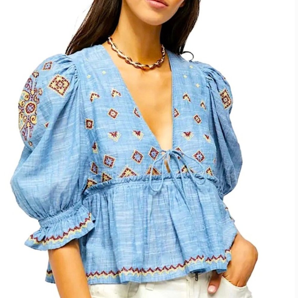 EUC Free People Embroidered Peplum Top